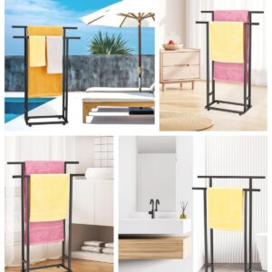 Standing Towel Racks for Bathroom, 2 Tier Bathroom Floor Free Standing Towel Rack, Tall Enough Pool Towel Rack Outdoor Stand for Drying Storage Towels, Black Freestanding Blanket Holder, ALHAKIN