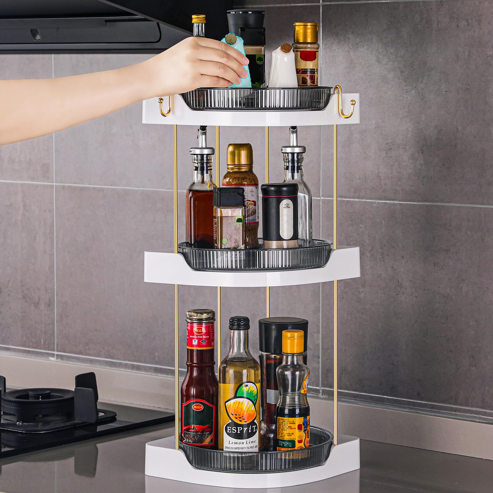 akinbas 3 Tier Corner Bathroom Counter Organizer 360° Rotating Countertop Perfume Tray and Vanity Makeup Cosmetic Storage Corner Counter Shelf for Bathroom Dresser Kitchen (Grey)