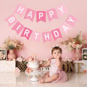 Pink Happy Birthday Banner Birthday Party Banner NO DIY Happy Birthday Sign Pre-Strung Birthday Hanging Decoration for Women Men Girl Boy Birthday Party Supplies (Pink)