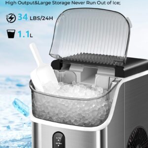 Havato Nugget Ice Maker Countertop with Soft Chewable Pellet Ice,Pebble Portable Ice Machine with Ice Scoop, 34lb in 24Hrs, One-Click Operation, Self-Cleaning, Stainless