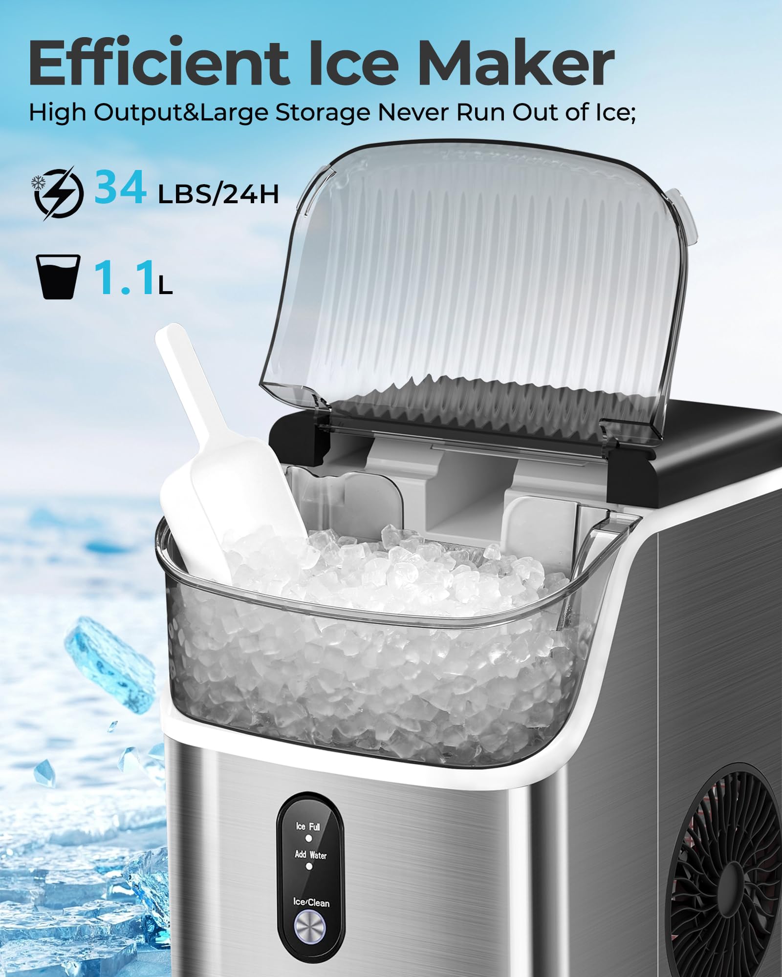 Havato Nugget Ice Maker Countertop with Soft Chewable Pellet Ice,Pebble Portable Ice Machine with Ice Scoop, 34lb in 24Hrs, One-Click Operation, Self-Cleaning, Stainless