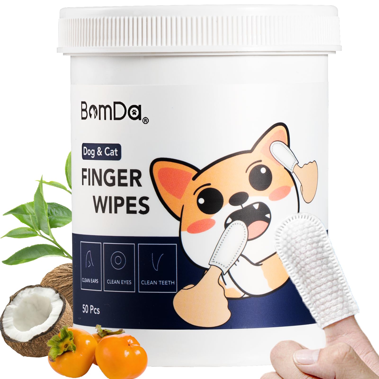 BomDa Ear Finger Wipes & Dental Wipes for Dogs & Cats- Gently Remove Ear Wax & Debris, Plaque & Tartar-Disposable Ear Wipes, Teeth Cleaning Wipes, Eyes Wipes-All Natural Ingredients (50 Count)