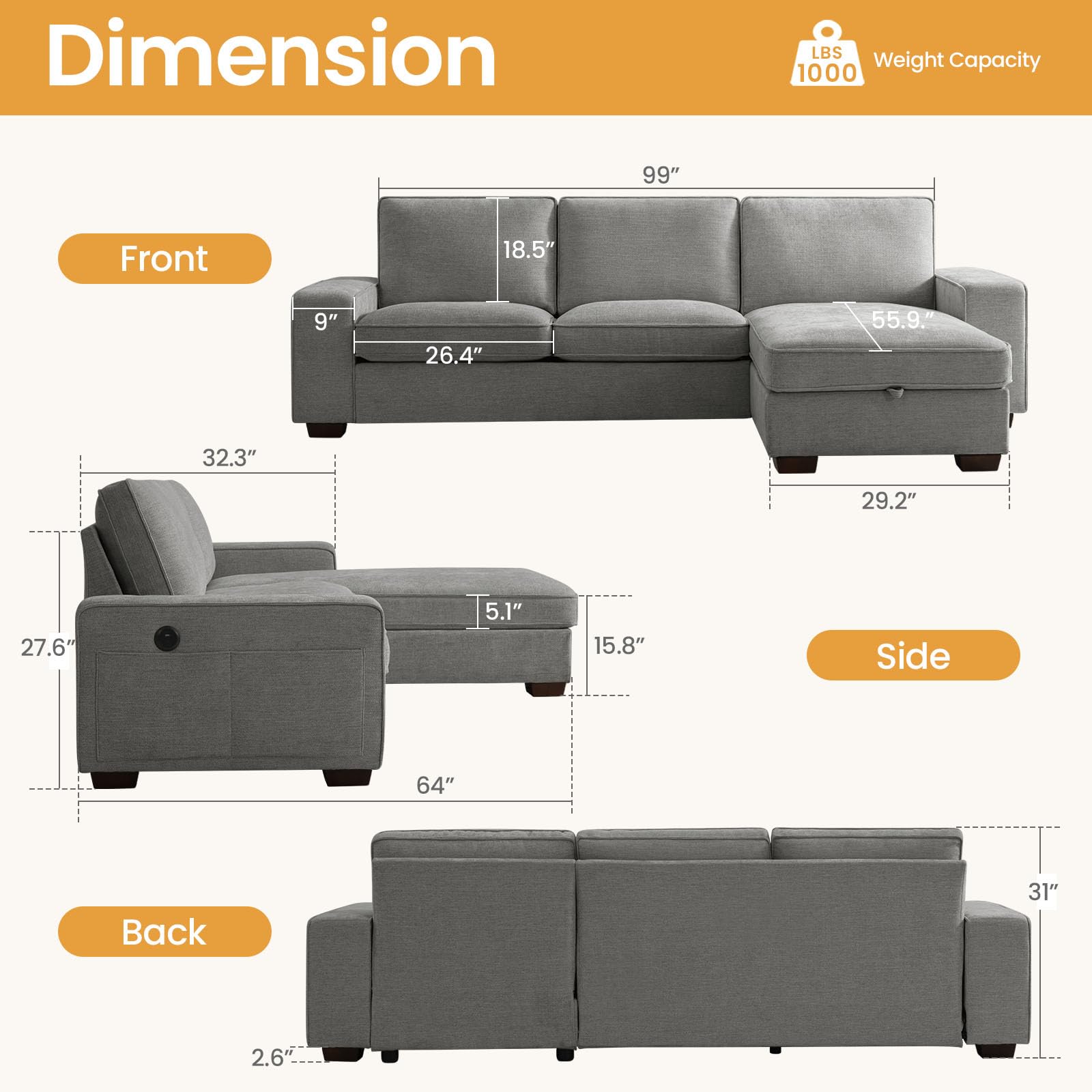 COHOME 100" L-Shaped Couch with Storage, Chenille Upholstered Deep Seat Couch for Living Room, Sofa with Reversible Chaise, Removable Covers, 4-Seater Apartment Sofa with Charge Ports,Grey