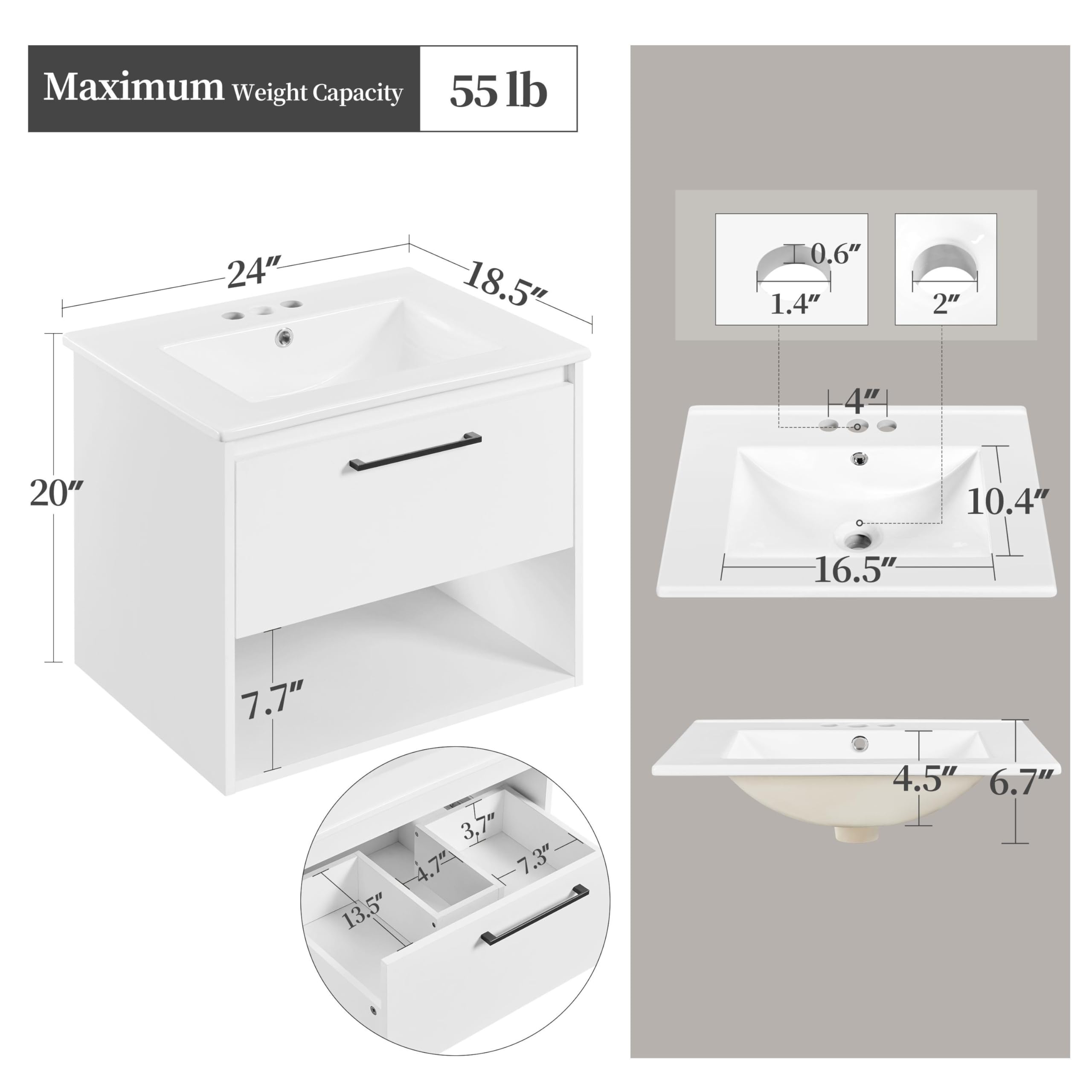 Yaheetech 24" Bathroom Vanity with Sink, Wall Mounted Bathroom Sink Cabinet with 1 Drawer and Open Shelf, Modern Clearance Bathroom Vanities with Sink Combo Set