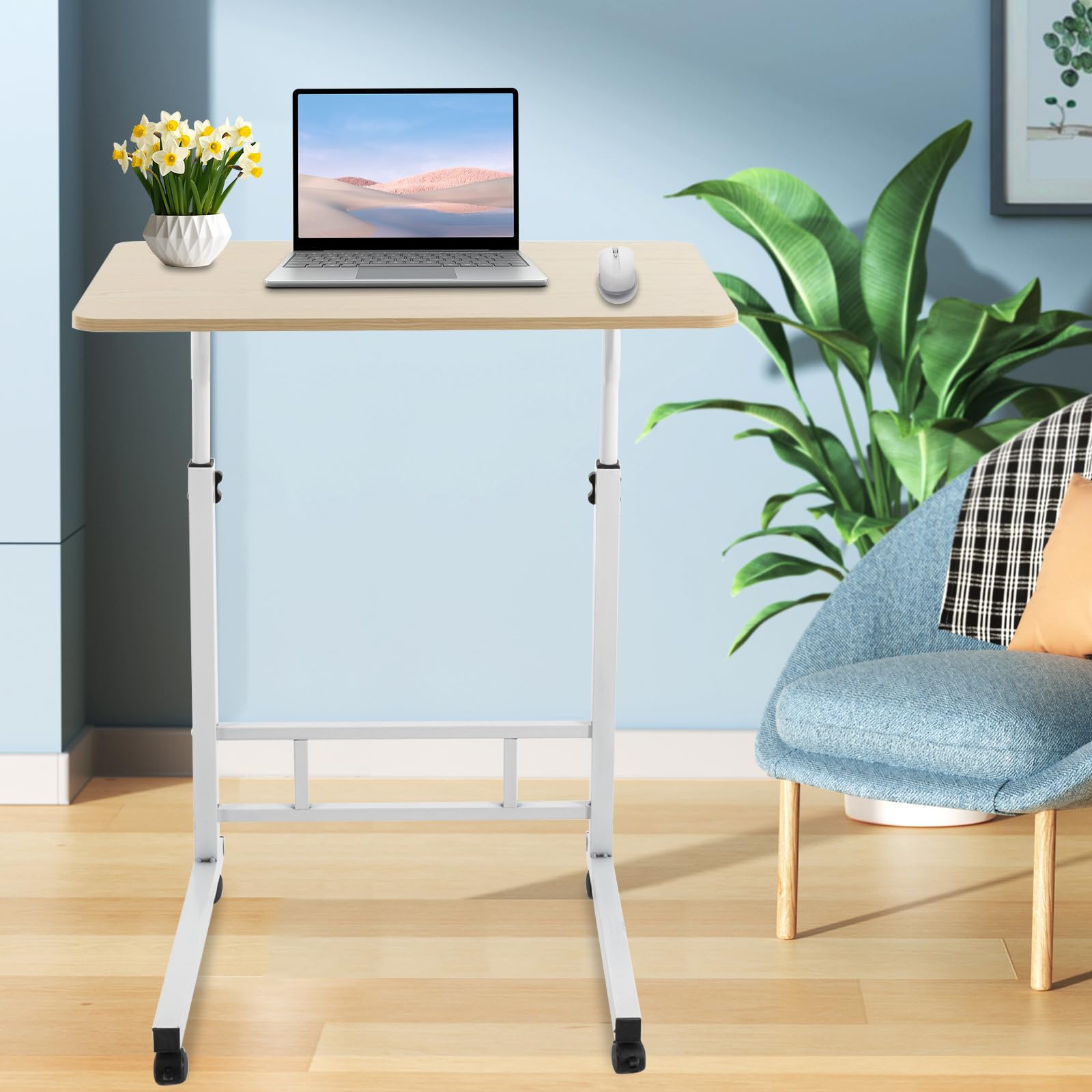 Small Standing Desk - Rolling Computer Stand with Adjustable Height - 23.62'' x 15.75'' Portable Rolling Desk Computer Desk - Laptop Desk Home Bedroom PC Table - Laptop Desk (White Maple Color)