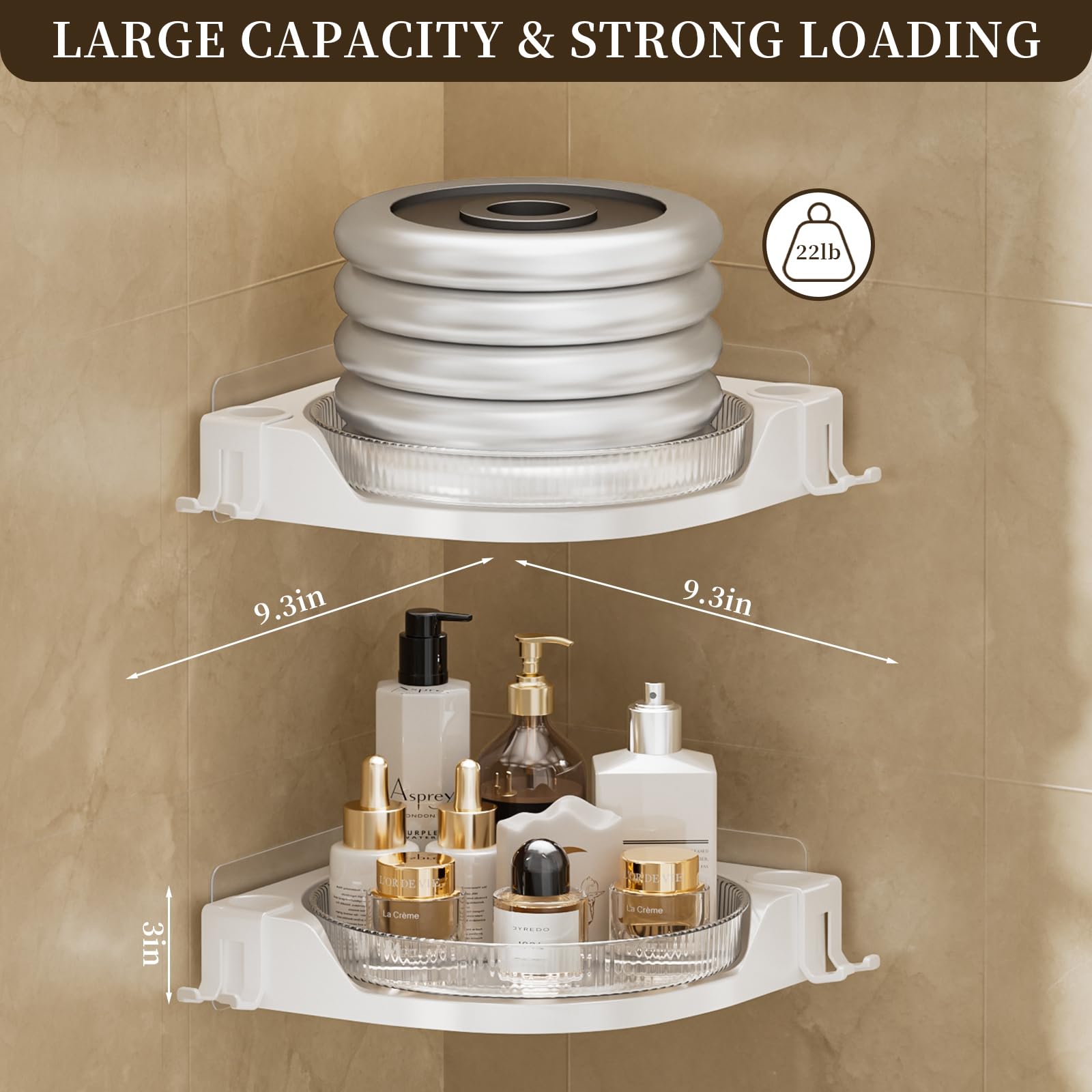 akinbas Corner Shower 2 Tier Caddy Lazy Susan Organizer 360 Rotating Corner Shelf Wall Mounted with No Drilling Shelves for Bathroom Dorm and Kitchen (White)