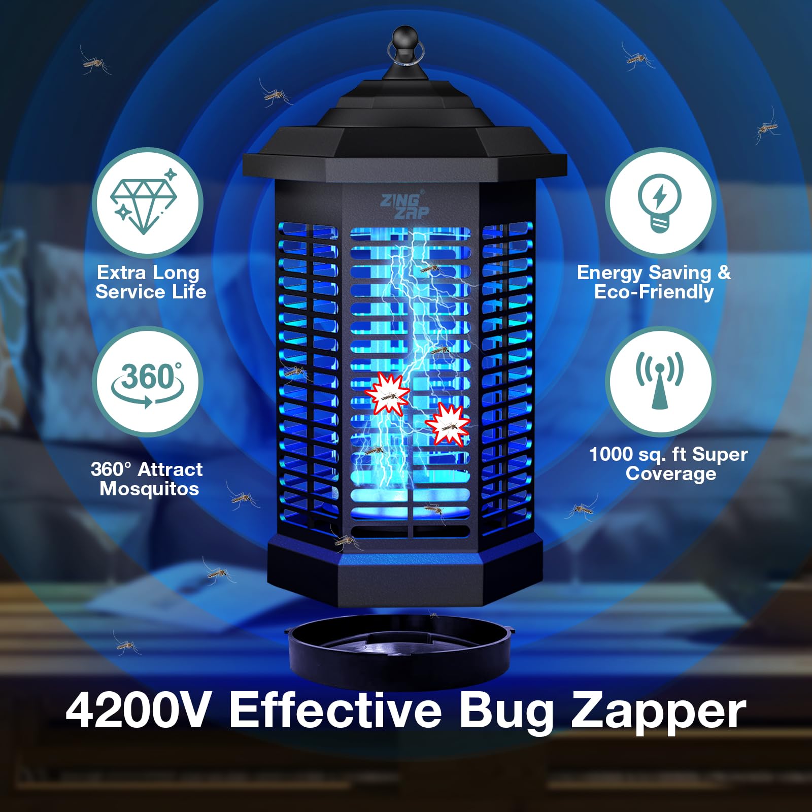 ZingZap Bug Zapper 4200V LED, Mosquito Insect Killer, Fly Zapper Indoor & Outdoor, Rain-Proof, Patio, Lawn & Garden Backyard, Home & Camping with 5ft Power Cord