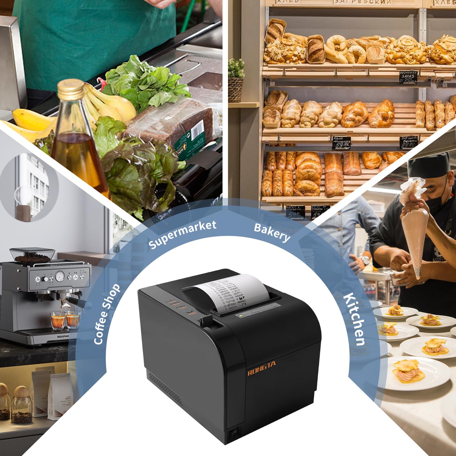 Rongta POS Receipt Printer, 80mm Thermal Printer, ESC/POS, Restaurant Kitchen Printer with Auto Cutter Support Cash Drawer,USB Serial Ethernet Receipts Printer for Small Business (RP820-USE)