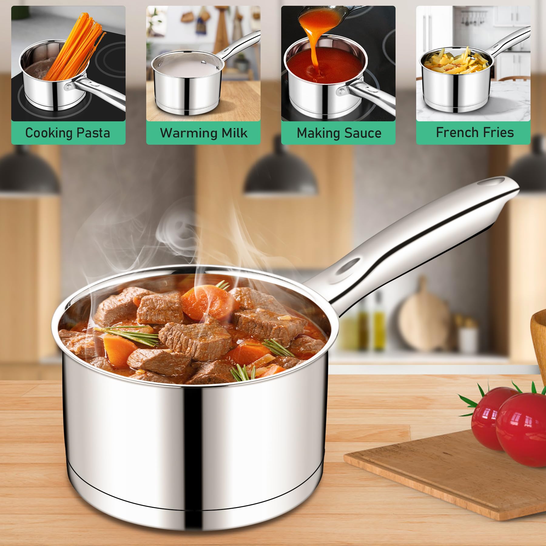 Homikit 2QT Saucepan with Lid, 2 Quart Stainless Steel Small Sauce Pan, Tri-ply Composite Bottom, Heavy Duty Induction Cooking Pot for Warming Milk, Making Pasta, Boiling Soup, Dishwasher Safe