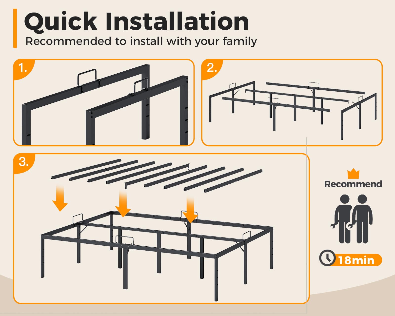 KKL Queen Bed Frame, 14 Inch Heavy Duty Steel Platform with Mattress Anti-Slip Rods, Bed Frame with Underneath Storage Space, No Box Spring Needed, Easy Assembly, Black