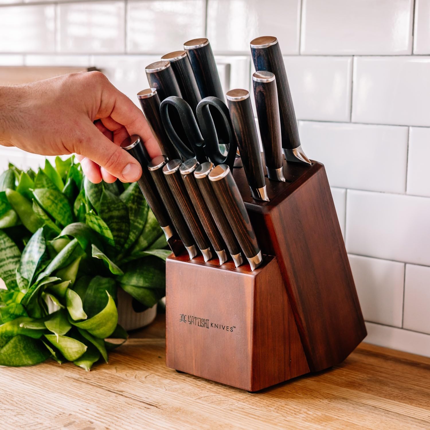 Yatoshi 15 Piece Knife Block Set - Pro Kitchen Knife Set Ultra Sharp High Carbon Stainless Steel with Ergonomic Handle