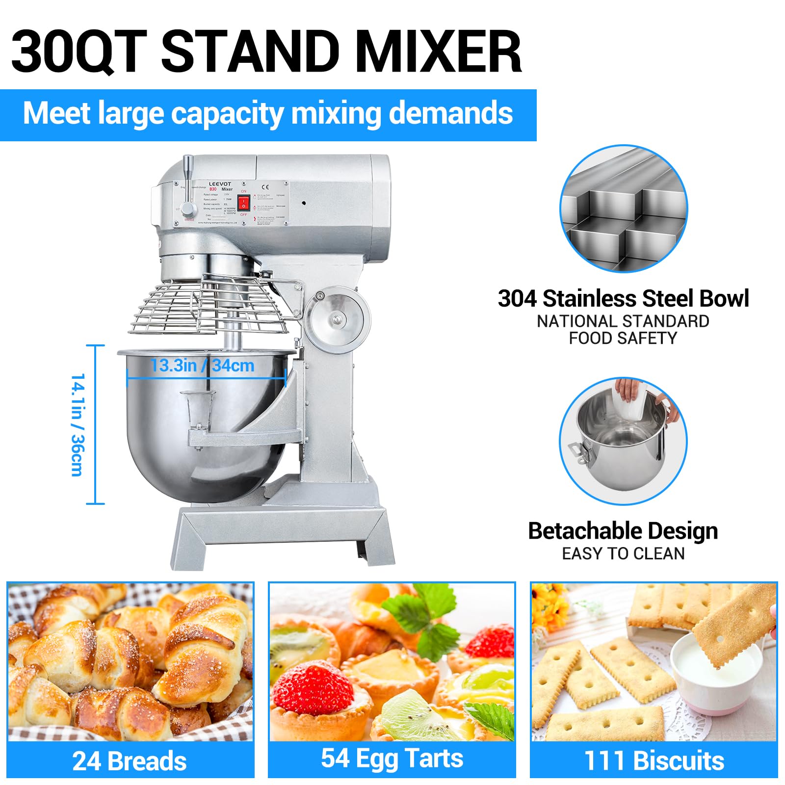 LEEVOT 30Qt Commercial Food Mixer, Commercial Dough Mixer 1250W 3-Speeds Adjustable, Heavy Duty Electric Stand Mixer with Stainless Steel Bowl for Kitchenaid and Pizzeria (Simple)