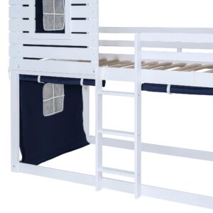 Linique Twin Size Bunk Wood House Bed with Blue Tent,Window,House Roof Design,Twin Size Floor Bunkbeds Frame for Boys & Girls,Blue+White