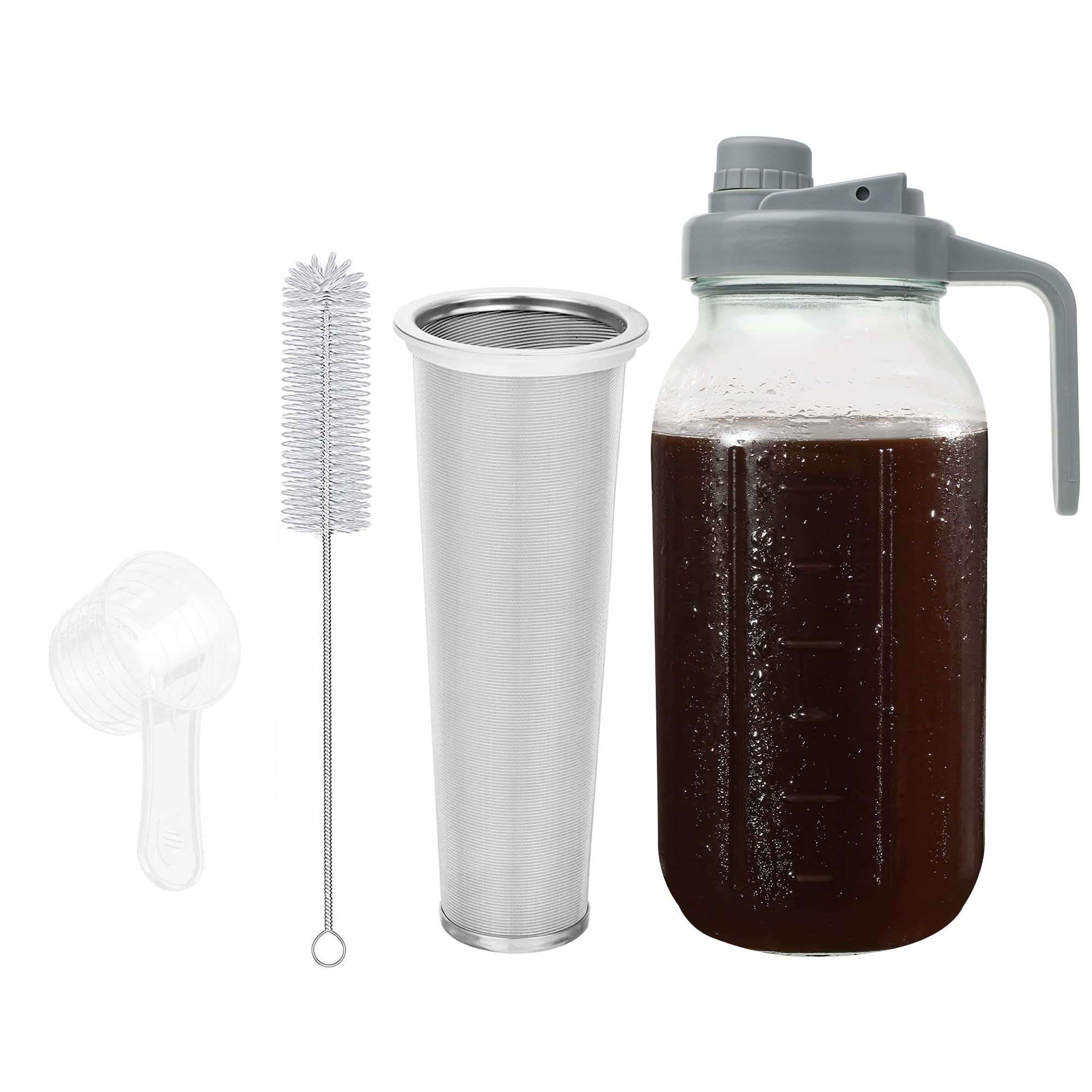 BTWD Cold Brew Coffee Maker, 64oz Glass Mason Jar Pitcher Iced Tea Maker Wide Mouth Spout Lid Airtight with Handle Stainless Steel Filter for Iced Coffee, Ice Lemonade, Fruit Drinks, with Spoon/Brush