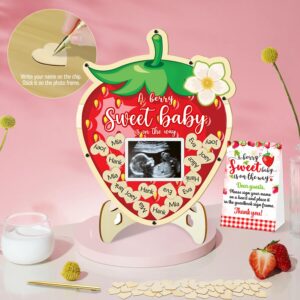 generic 65 Pcs Strawberry Baby Shower Decorations Guest Book, Baby Shower Guest Book Alternatives with Photo Frame, 60 Wood Slices Berry Sweet Baby Shower Decorations for Grils Baby Shower