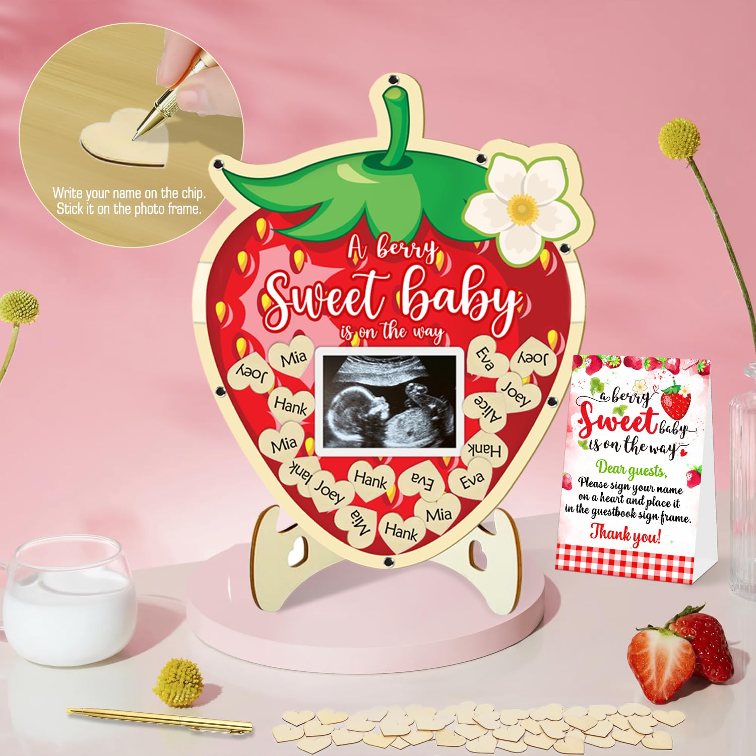 generic 65 Pcs Strawberry Baby Shower Decorations Guest Book, Baby Shower Guest Book Alternatives with Photo Frame, 60 Wood Slices Berry Sweet Baby Shower Decorations for Grils Baby Shower