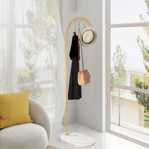 CQAEBK Metal Coat Rack Freestanding, Entryway Clothes Hanger Stand with 15 Hooks & Marble Base, L Shaped Garment Display Rack for Living Room Retail Bathroom, Gold/White, 19.7x11.8x63.8in