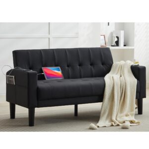 tyboatle sofa couch 62" w loveseat w/ 2 usb charger ports & 2 cupholders, mid-century modern tufted black faux leather small love seat couches for office,compact living room,bedroom,apartment,dorm