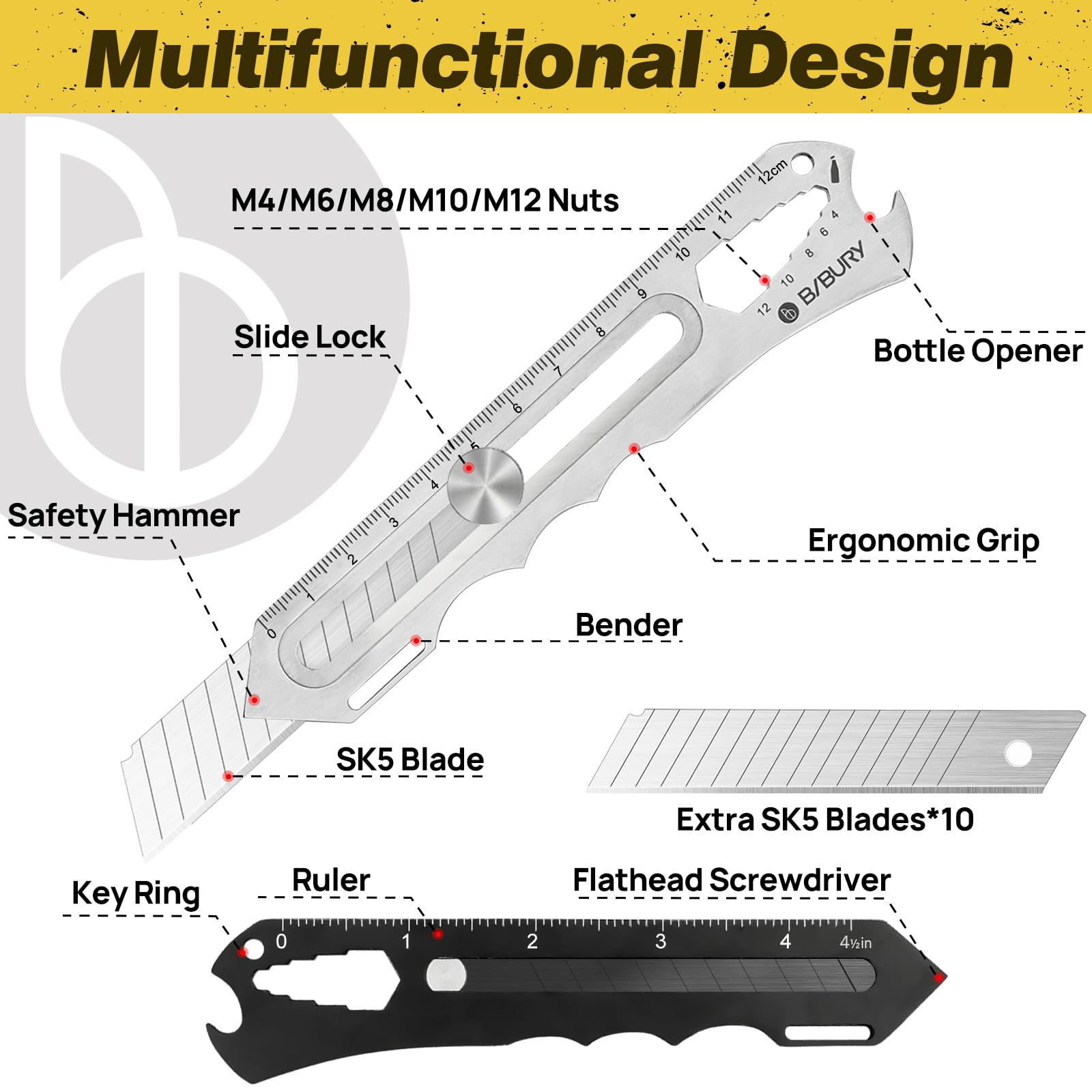 BIBURY 2 Pack Mutipurpose Utility Knife, 8-In-1 Stainless Steel Retractable Box Cutter with 10PCS replaceable Blades (18mm Wide), Multi-functional Utility Knife with Safety Lock for Office,Home,School