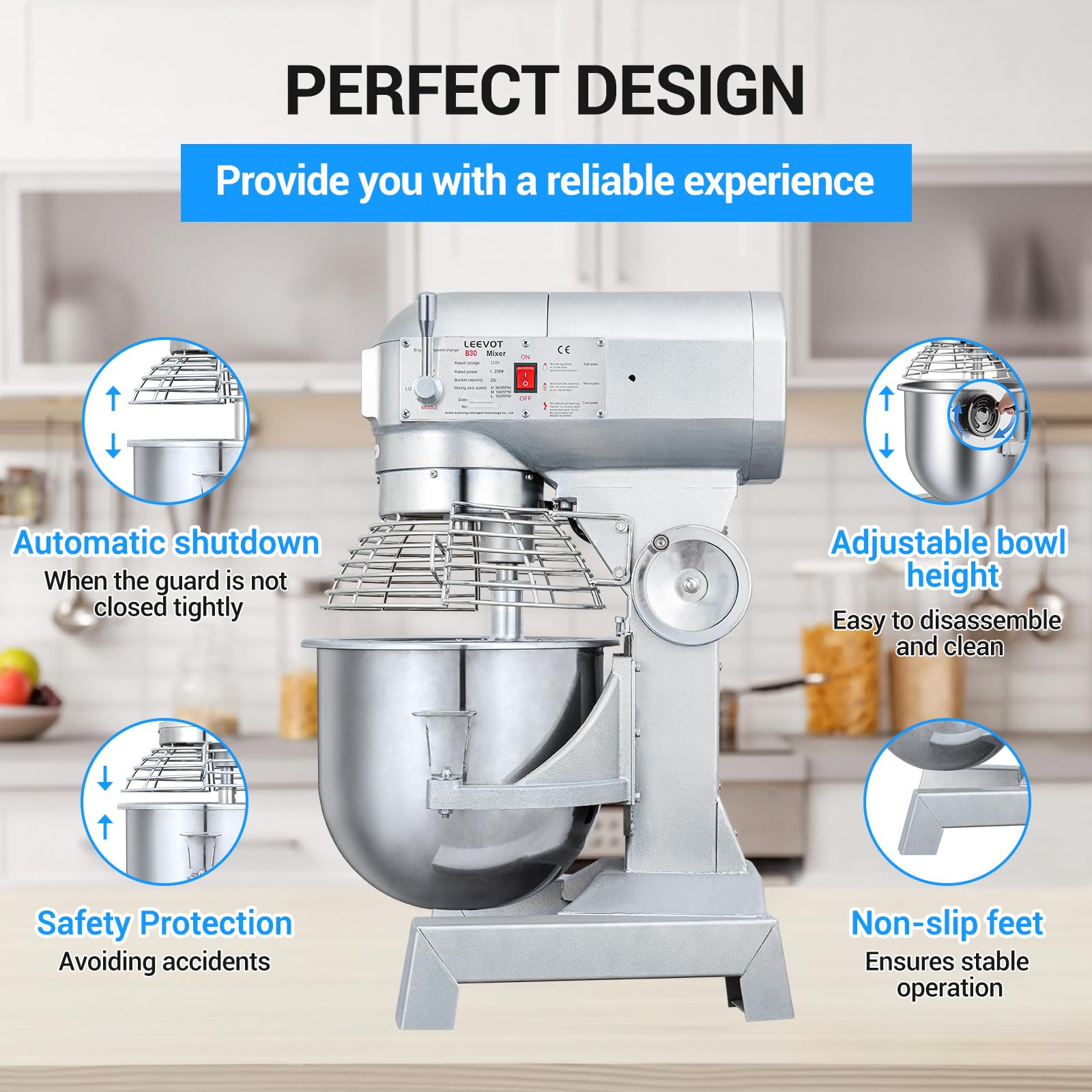 LEEVOT 30Qt Commercial Food Mixer, Commercial Dough Mixer 1250W 3-Speeds Adjustable, Heavy Duty Electric Stand Mixer with Stainless Steel Bowl for Kitchenaid and Pizzeria (Simple)