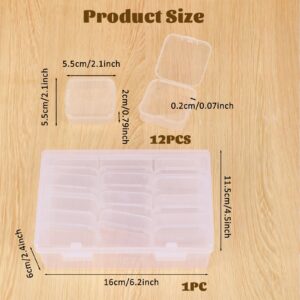 Small Clear Bead Storage Containers, Bead Organizers and Storage, 12 Pcs Mini Plastic Rectangle Cases Craft Storage with Hinged Lids for Nail DIY Craft Making Jewelry Screw, 2.17 x 2.17 x 0.79 Inch