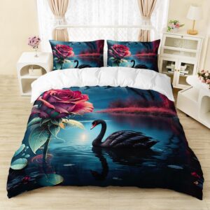 ailonen swan duvet cover set, queen size, black swan bedding set for gilrs women lover,swan lake with red rose comforter cover,moon and starry night duvet cover,3 pieces,1 quilt cover + 2 pillowcase