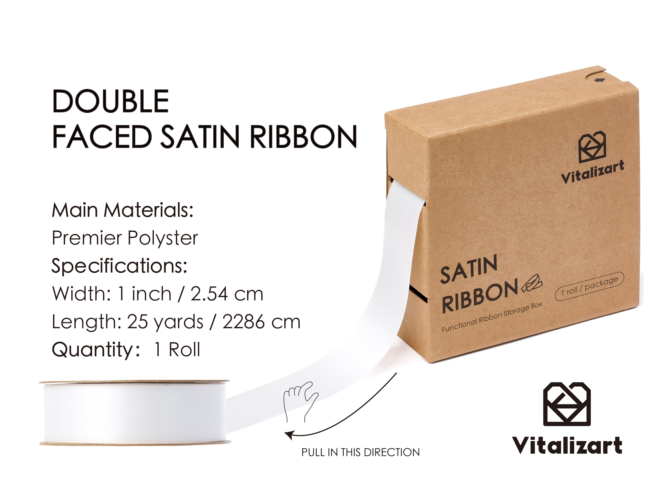 Vitalizart White Ribbon for Gift Wrapping 1" x 25Yd Double Face Continuous Functional Satin Ribbon for Crafts Silk Like Fabric Flower Bouquet Birthday Party Bridal Shower Wreath Hair Off White