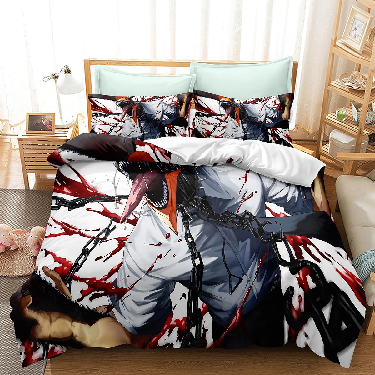 JewosS Chainsaw Man 3 Piece Bedding Set Printed Duvet Cover Set Printed Bed Comforter Cover Quilt Covers with Pillowcases for Your Own Bedroom No Quilt(Twin)