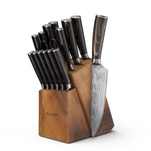 yatoshi 15 piece knife block set - pro kitchen knife set ultra sharp high carbon stainless steel with ergonomic handle