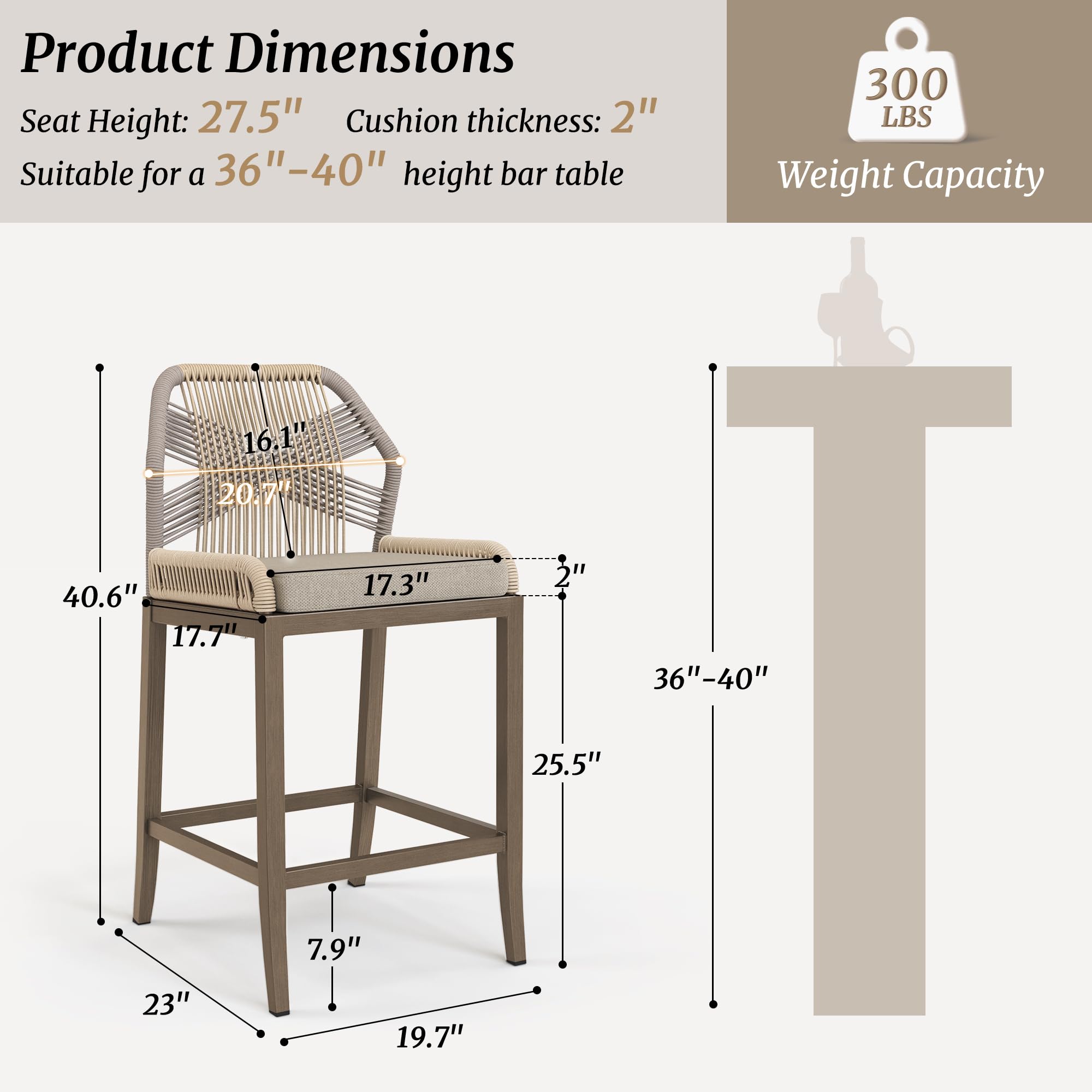 Cozyman Rattan Counter Height Bar Stools Set of 4, 27.5" H Boho Woven Rope Back Outdoor Barstools with Aluminum Legs for Kitchen Patio Garden, Yellowish Slate Grey