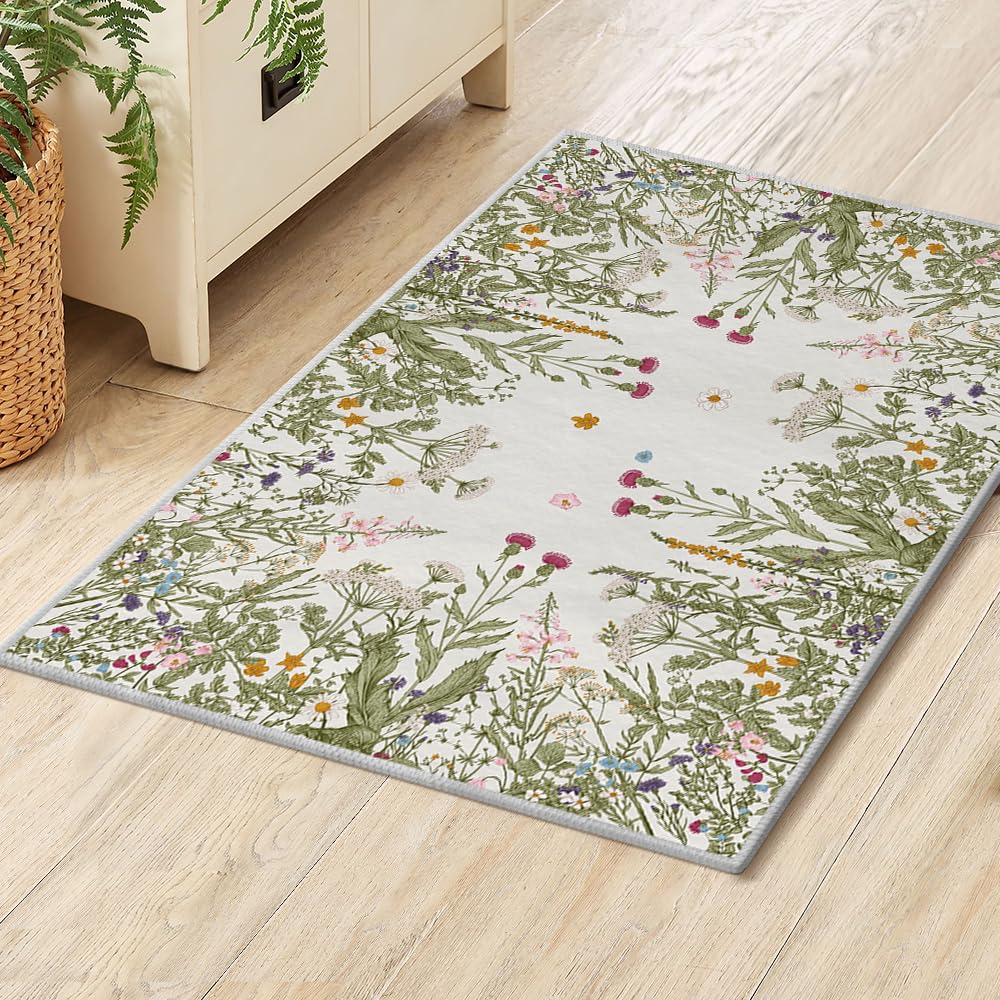 Artoid Mode Antique Herbs and Wild Flowers Area Rug, Spring Fall Bath Rug Home Decor Low-Profile Non-Slip Washable Mat for Entryway Bedroom Bathroom Laundry Room Indoor 2x3 Feet