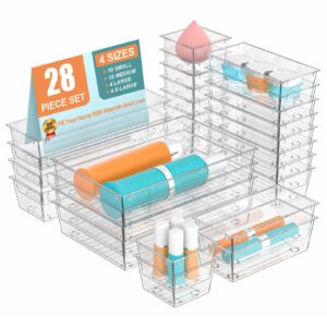 【28 pcs】drawer organizers, organization and storage organizers and storage, acrylic organizers, storage bins for cosmetic, vanity organizer, 4-size clear plastic, kitchen gadgets utensils and office