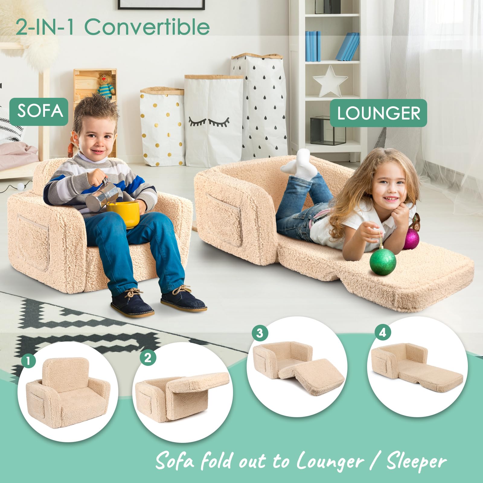 ACRABROS Kids Couch Toddler Chair: Sofa Bed Fold Out for Girls Boys Beige