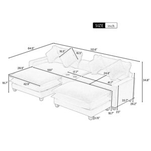 P PURLOVE Sectional Sofa with 2 Removable Ottomans, Chenille Upholstered Sofa with 2 USB Ports, 2 Cup Holders and Large Storage Box for Living Room, Beige