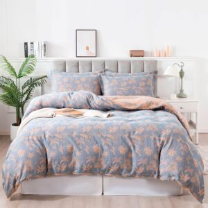 FADFAY Muslin Duvet Cover King Size, Dirty Blue Orange 100% Washed Cotton Double -Layer Tropical Bird Duvet Cover Set, Linen Like Gauze Comforter Cover Set with Zipper Closure & Corner Ties, 3Pcs