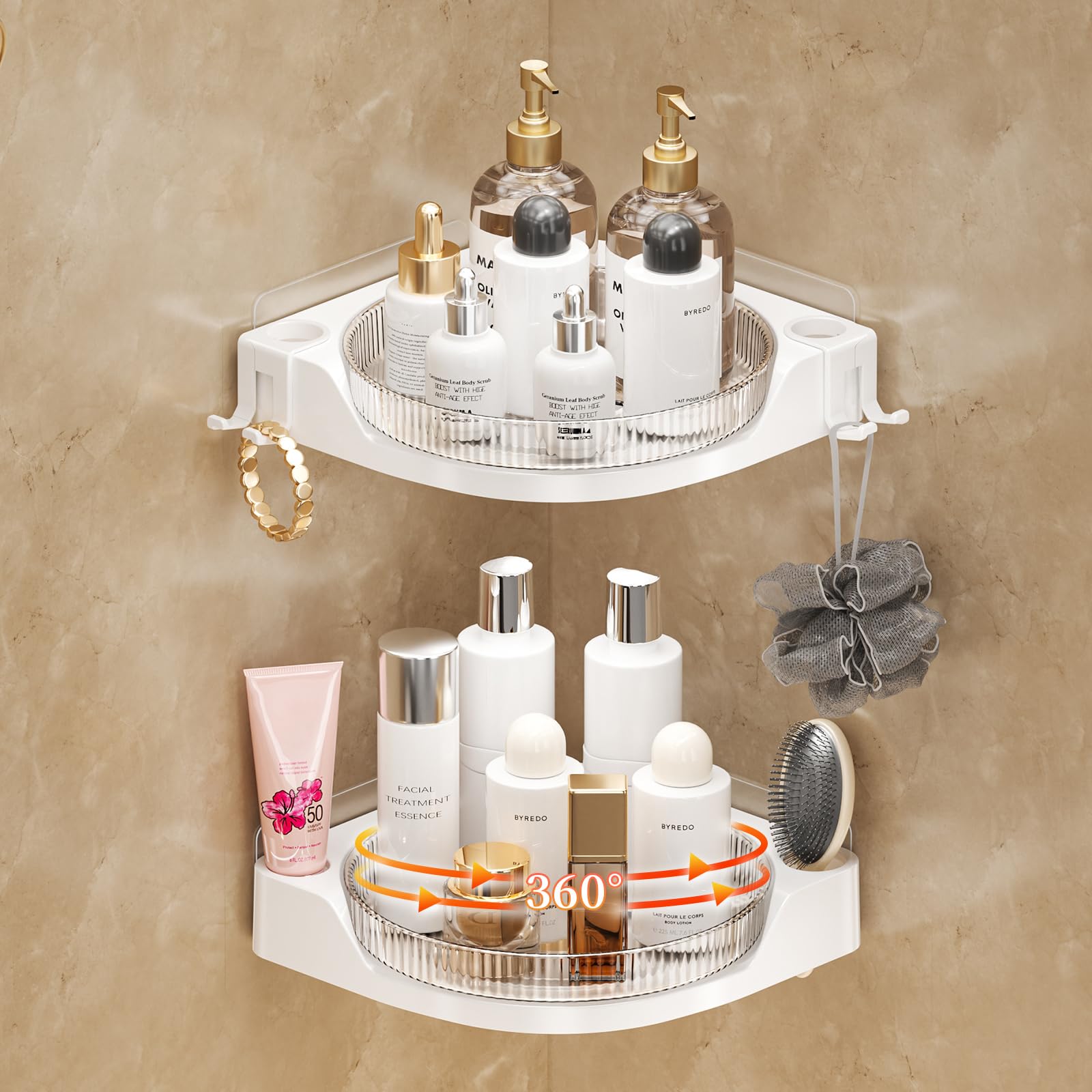 akinbas Corner Shower 2 Tier Caddy Lazy Susan Organizer 360 Rotating Corner Shelf Wall Mounted with No Drilling Shelves for Bathroom Dorm and Kitchen (White)