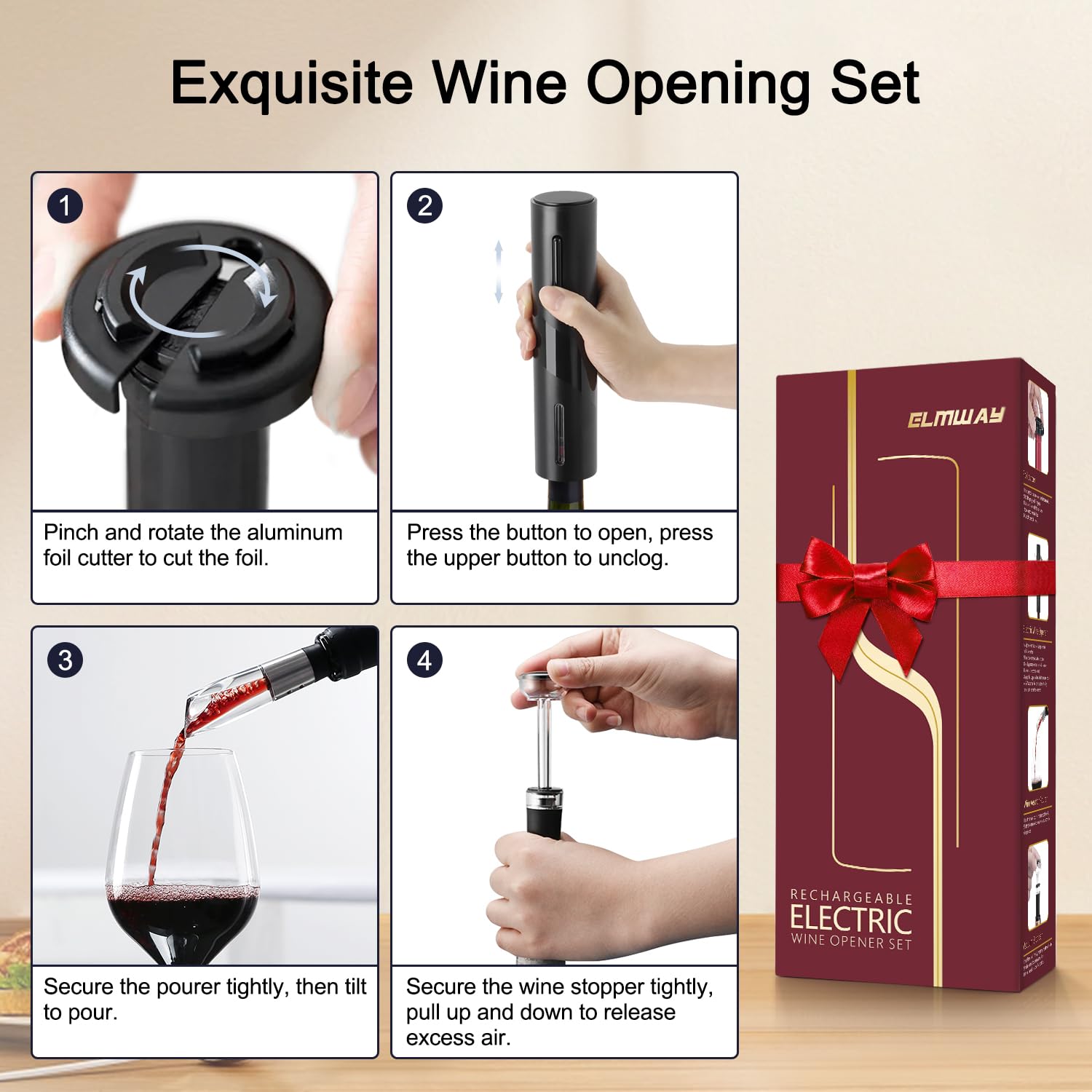 ELMWAY Electric Wine Opener Set, Rechargeable Wine Bottle Opener with Foil Cutter / 4 x Vacuum Stoppers/Premium Wine Aerator Pourer, Wine Corkscrew Remover, Automatic Wine Opener Gifts(Black)