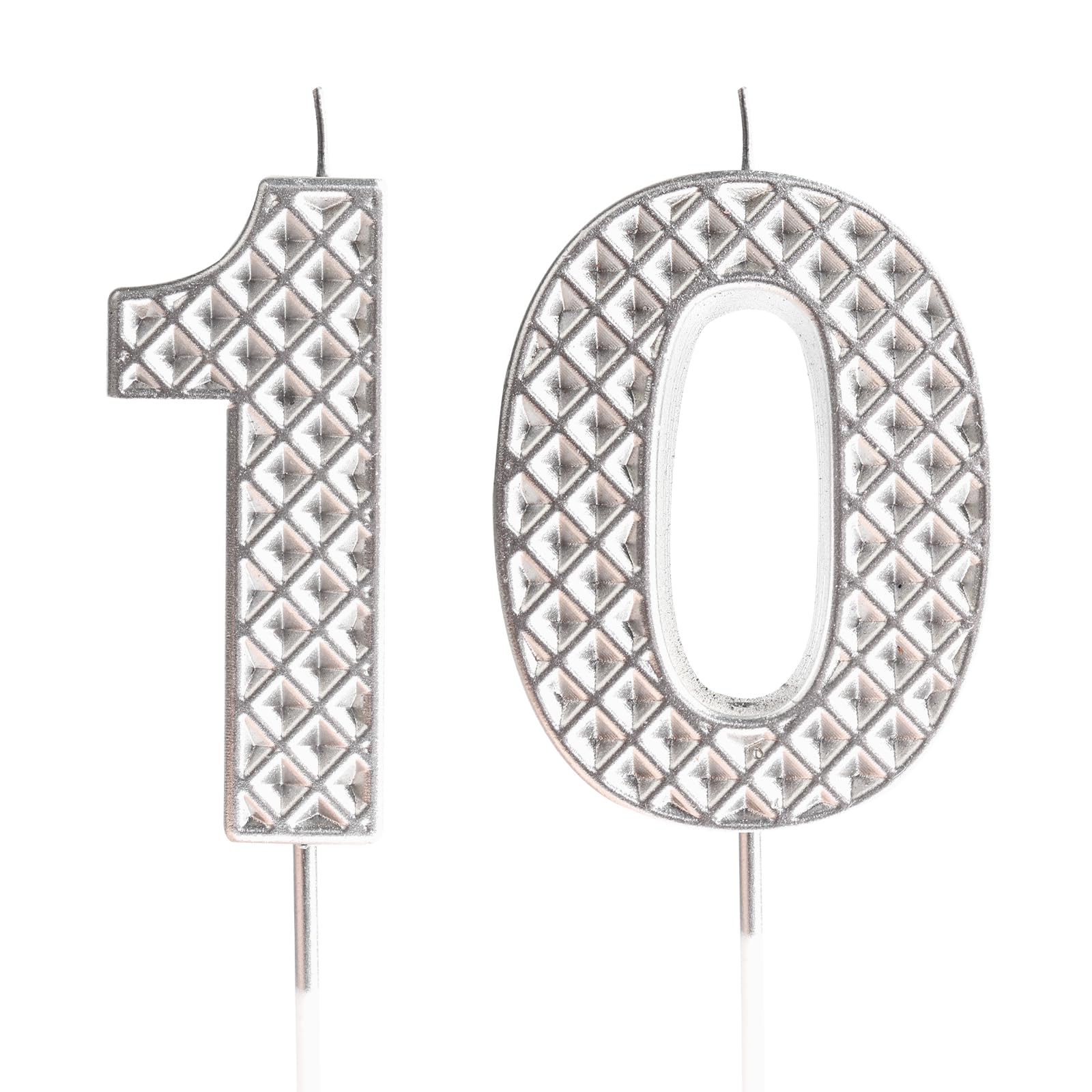 Yiran Silver Waffle Pattern Birthday Candles, Number 10 Candles, Happy 10th Birthday Candle, 3D Design Cake Topper Decorations for Teenagers Pet Birthday Party Cake Anniversary Celebration Supplies