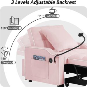 anwickjeff 3-in-1 Sofa Bed, Convertible Sleeper Chair Sofa Bed Adjustable Pull Out Sleeper Chair Bed Multi-Pockets Folding Sofa Bed for Living Room Bedroom Small Space (Pink)