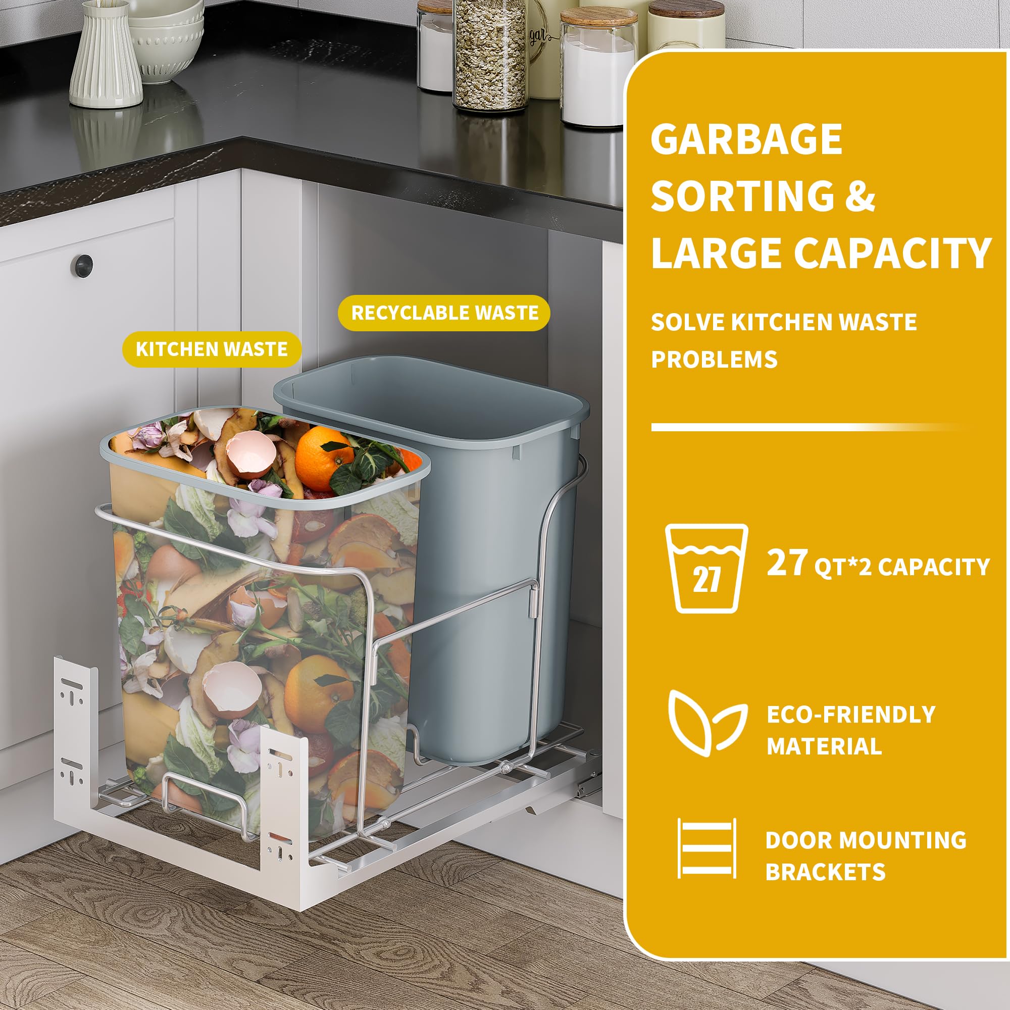 DWVO 27 Quart Pull Out Trash Can for Under Kitchen Cabinets, Double Pull-Out Trash Can for 20.9" W x 25" D x 20.9" H Minimum Cabinets Cabinet Opening, Gray