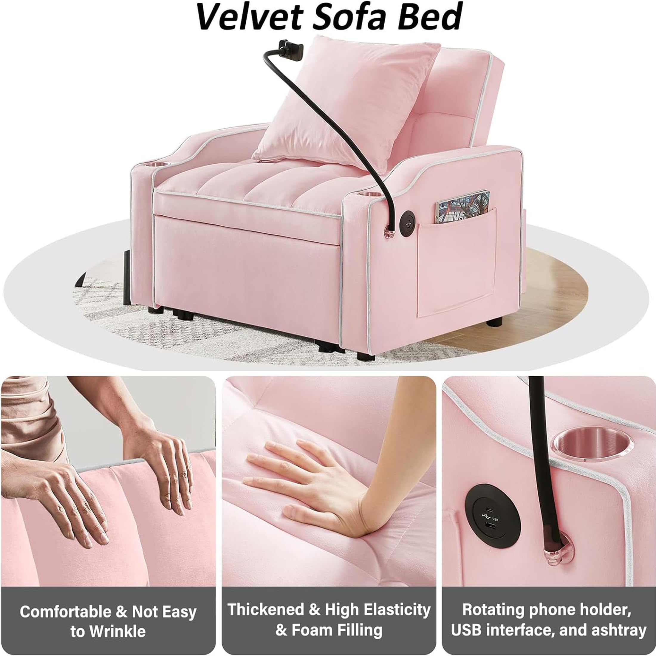 anwickjeff 3-in-1 Sofa Bed, Convertible Sleeper Chair Sofa Bed Adjustable Pull Out Sleeper Chair Bed Multi-Pockets Folding Sofa Bed for Living Room Bedroom Small Space (Pink)