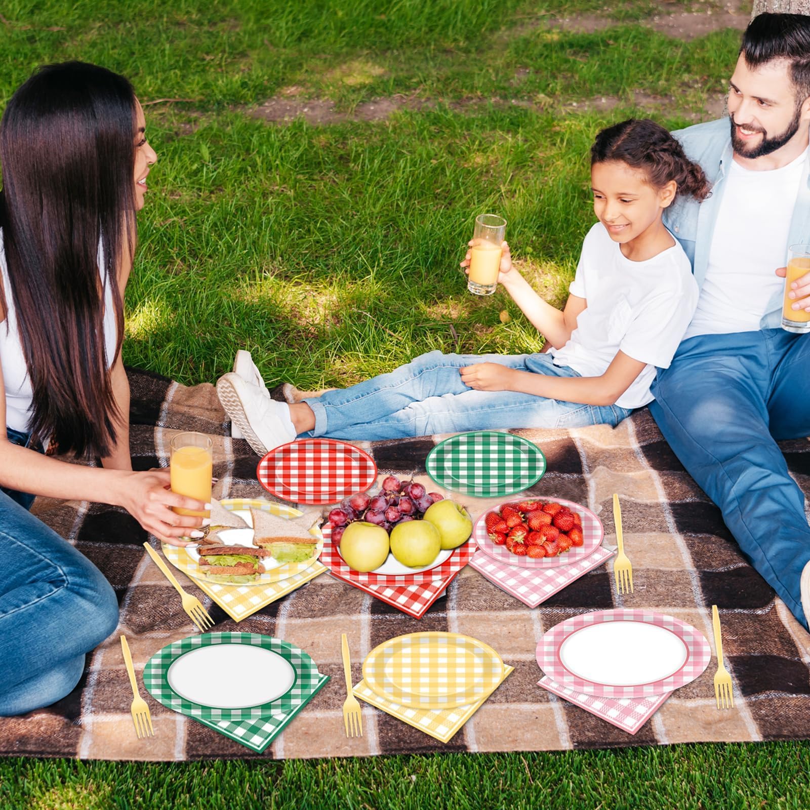 ojustbeok 96 Pcs Camp Gingham Paper Plates and Napkins Gingham Checkered Bachelorette Party Supplies Glamping Birthday Tableware Set Summer Plaid Camping Themed Party Favors Baby Bridal Shower