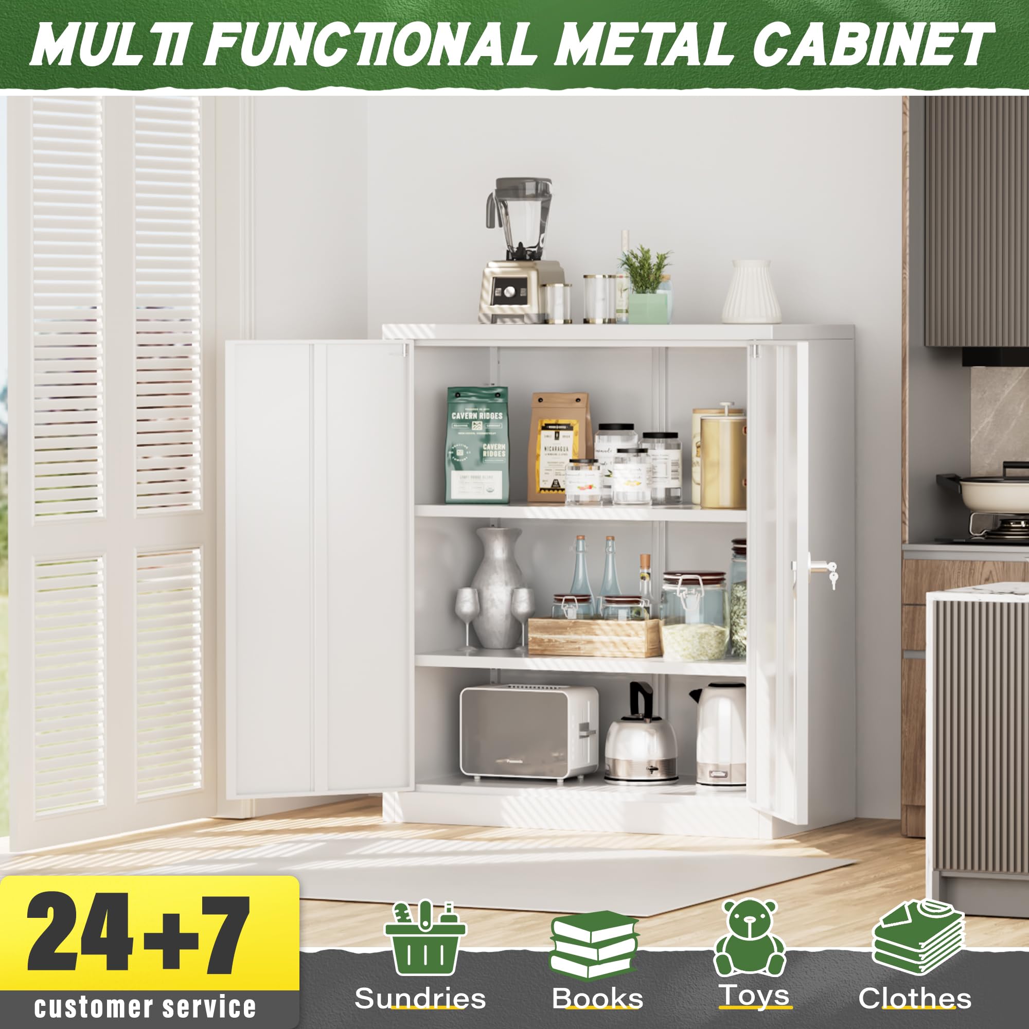 Greenvelly Metal Storage Cabinet, 42” Steel Locking Cabinet with Doors and Shelves,White Utility Cabinet Garage Cabinets, Lockable File Cabinet for Home Office, Garage, Kitchen, Shop