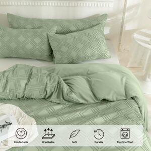 JELLYMONI Light Green Duvet Cover Full Size - 3 PCS Microfiber Tufted Duvet Cover Set, Boho Textured Duvet Cover Jacquard Rhombus Geometric Pattern Duvet Cover with Corner Ties & Zipper Closure