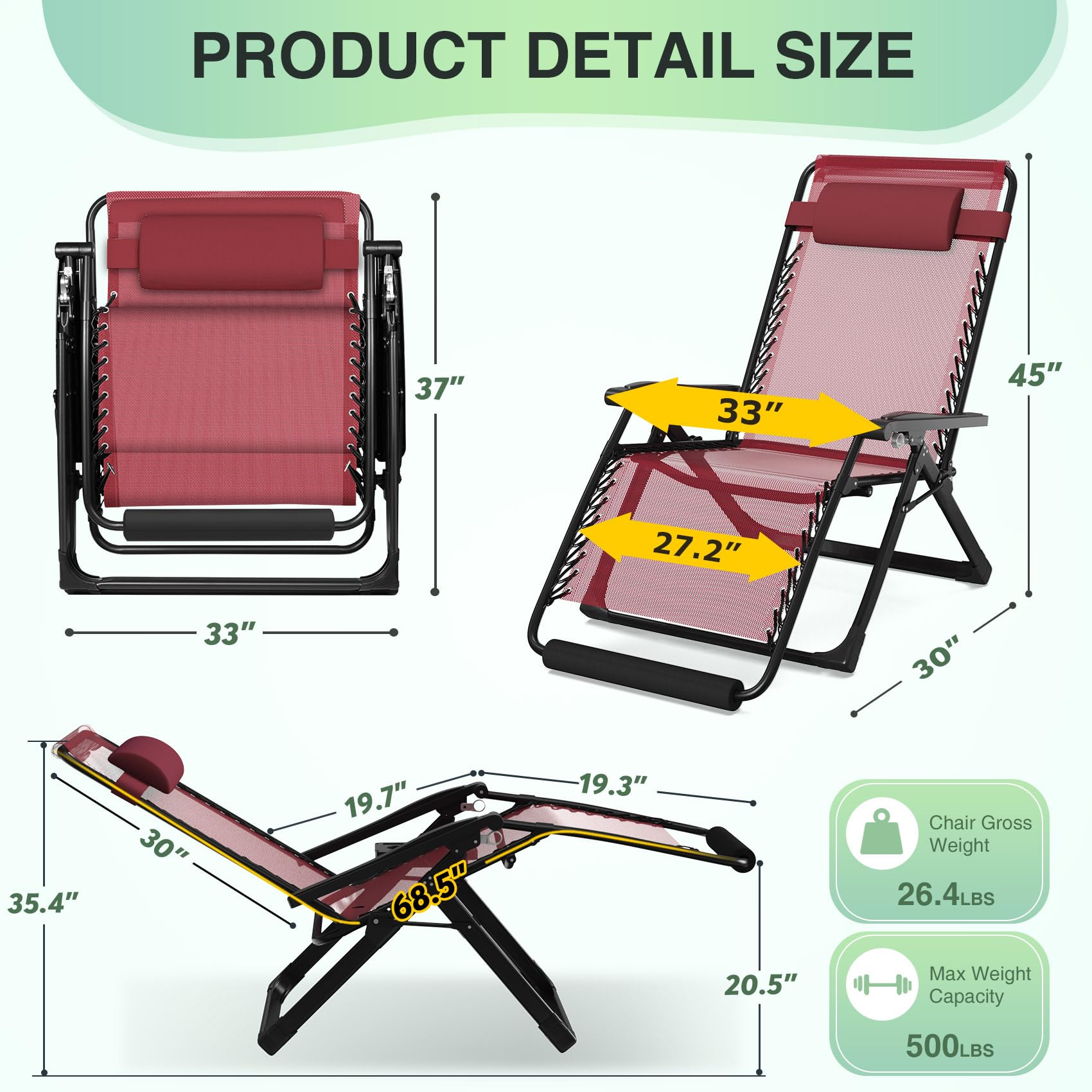 Suteck Oversized Zero Gravity Chair,33In XXL Lounge Chair w/Removable Cushion&Headrest, Reclining Camping Chair w/Upgraded Lock and Footrest, Reclining Patio Chairs Recliner for Indoor Outdoor,500LBS