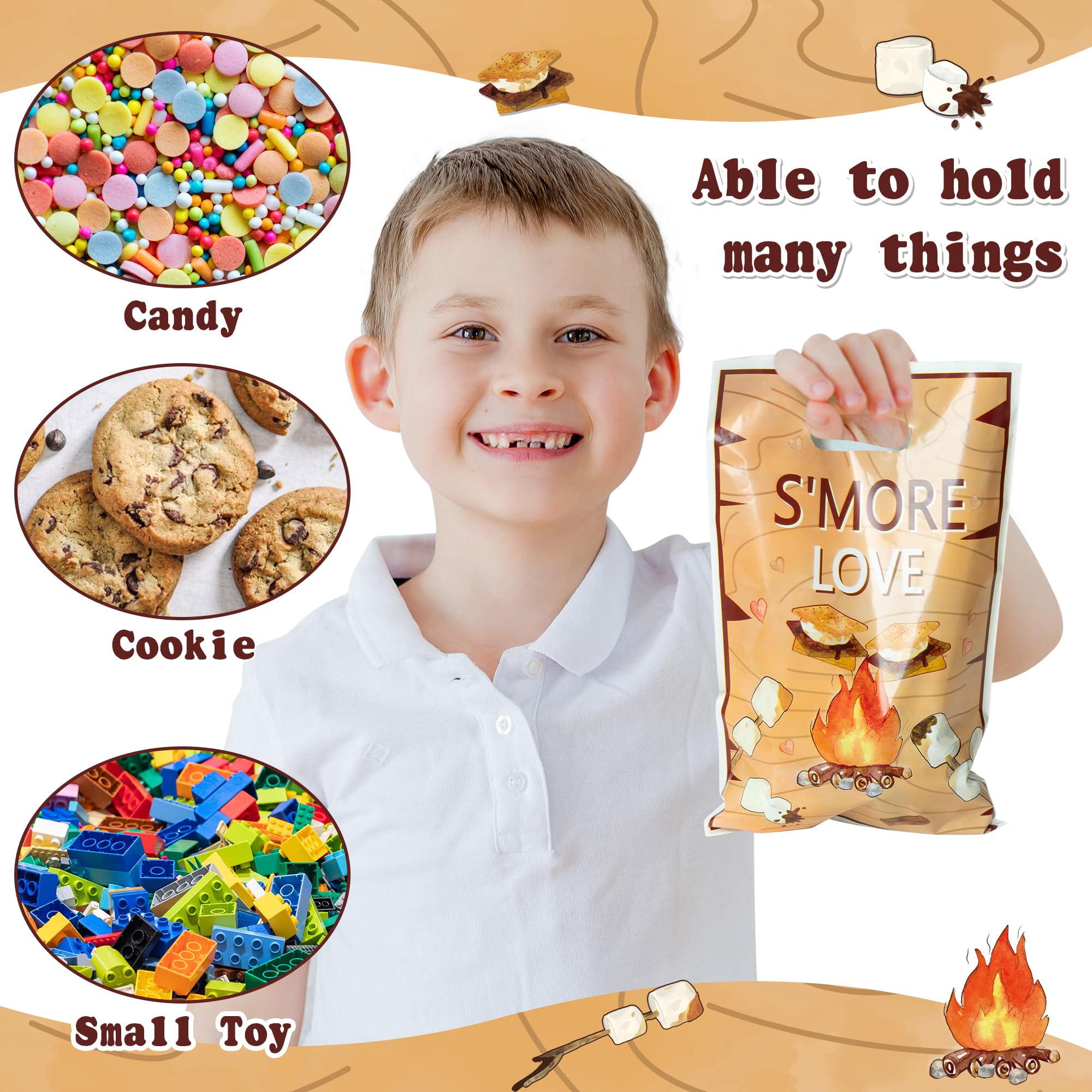 ArowlWesh S’more Camping Party Favor Bags - 50Pcs Plastic S’more Love Candy Treat Gift Bag with Handles Fun Snack Goodie Bags Campfire Camping Party S’more Birthday Supplies Baby Shower Wedding Decor