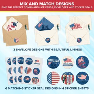 Decorably 24 Pack Patriotic Cards with Envelopes & Stickers - 6 Designs with Printed Message Inside Patriotic Thank You Cards, 6x4in Thank You for Your Service Cards, Patriotic Note Cards