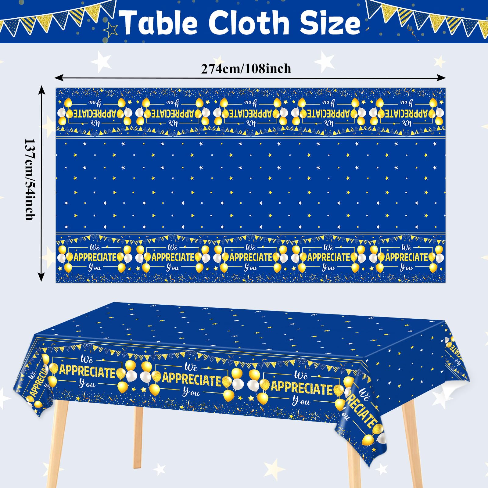 CHUNNIN 3pcs We Appreciate You Table Cloth Thank You Decorations for Work Anniversary Party Disposable Plastic Blue and Gold Table Cover for Coworker Employee Volunteer Teacher Appreciation Supplies