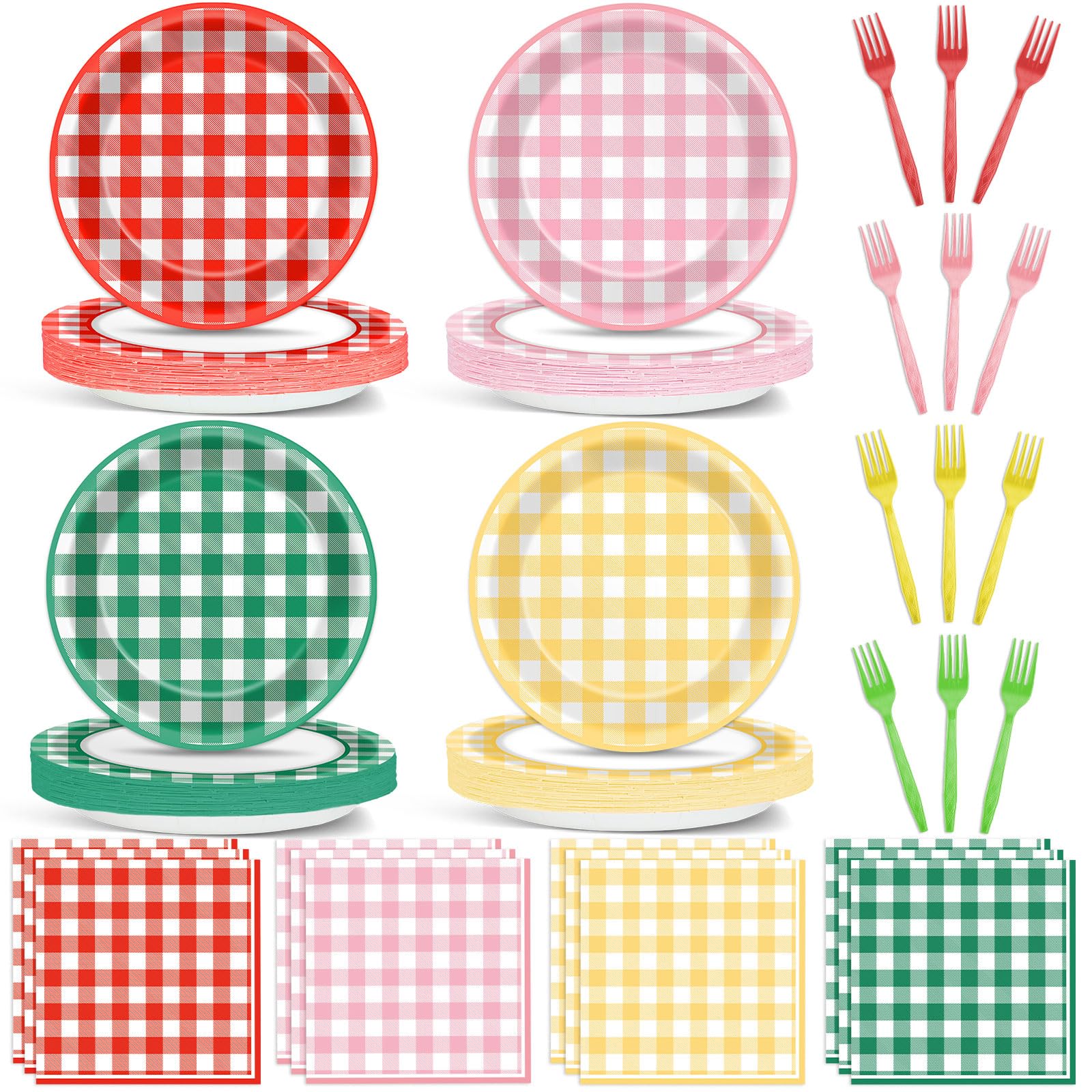 ojustbeok 96 Pcs Camp Gingham Paper Plates and Napkins Gingham Checkered Bachelorette Party Supplies Glamping Birthday Tableware Set Summer Plaid Camping Themed Party Favors Baby Bridal Shower