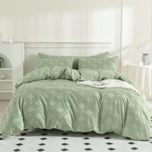 JELLYMONI Light Green Duvet Cover Full Size - 3 PCS Microfiber Tufted Duvet Cover Set, Boho Textured Duvet Cover Jacquard Rhombus Geometric Pattern Duvet Cover with Corner Ties & Zipper Closure